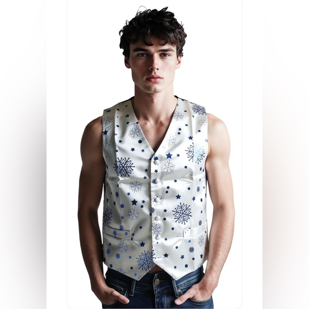 New-Medium - Festive BlueMetallic Snowflake
Vest ONLY—NO Bow Tie 
New with Tags